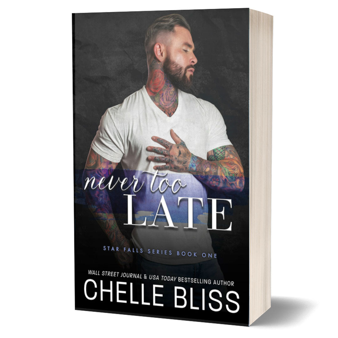 never too late paperback book tattoed man in white t-shirt