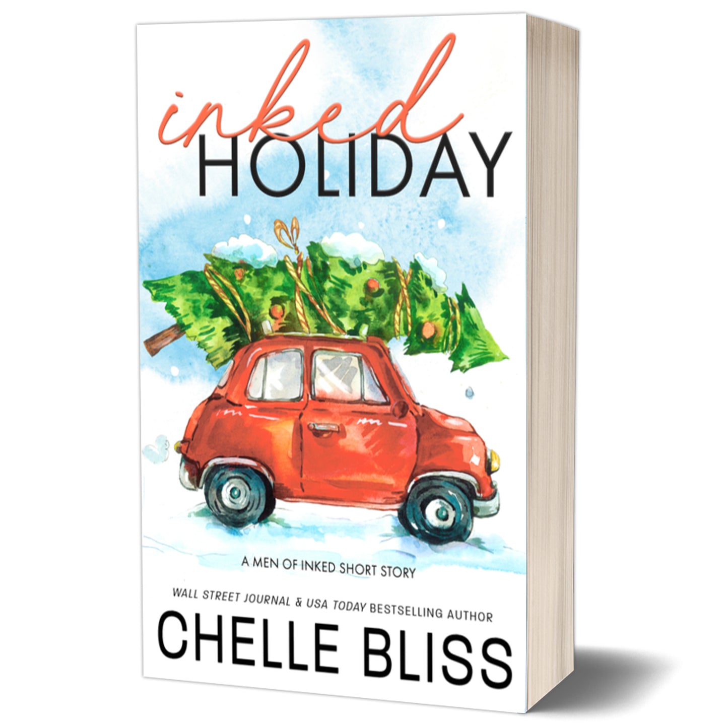 inked holiday paperback book red car with christmas tree on roof