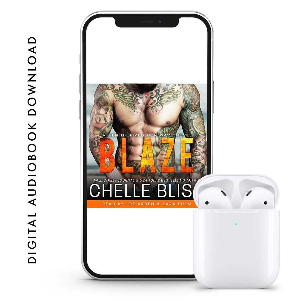 A phone displaying the cover of the audiobook 'Blaze' by Chelle Bliss, with a pair of white wireless earbuds next to it.