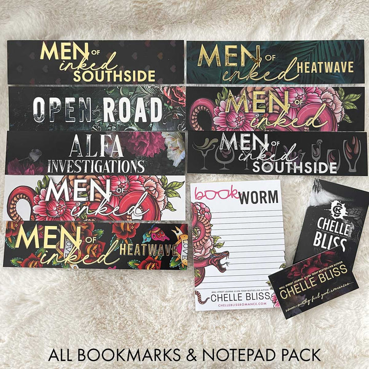 Bliss Bookmark Bundles featuring Men of Inked Southside, Open Road, ALFA Investigations, Men of Inked and Men of Inked Heatwave and a bookworm notepad on a cream background