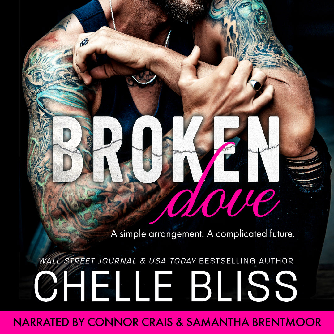 Audiobook cover of 'Broken Dove' by Chelle Bliss featuring a couple with tattoos.