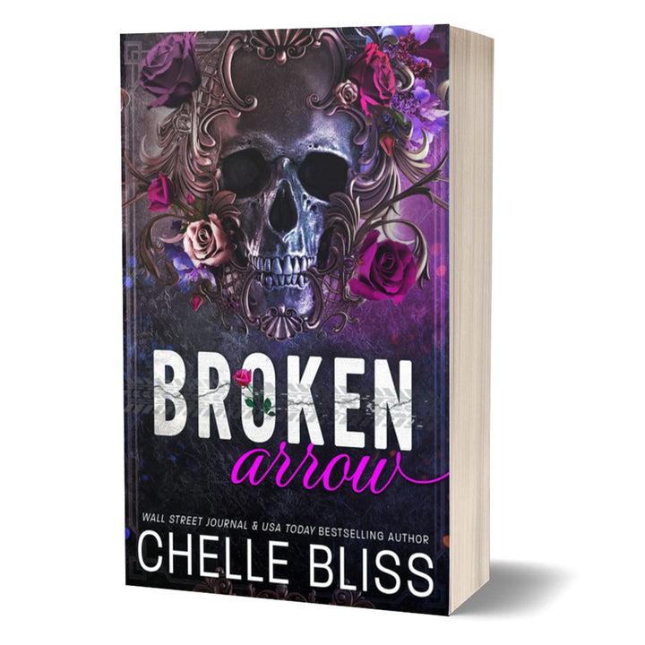 Paperback book Broken Arrow by Chelle Bliss featuring a skull and multiple red flowers