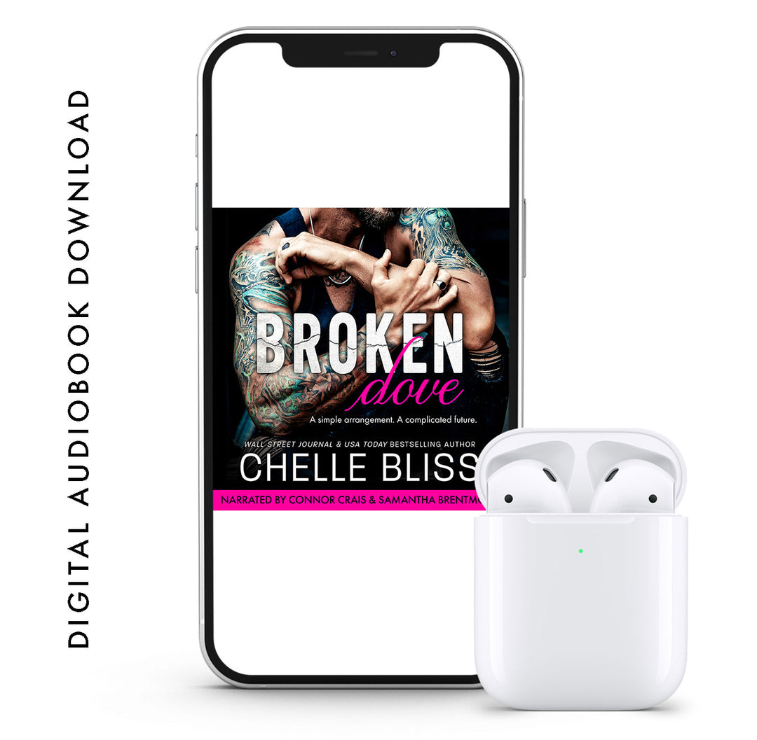 A phone displaying the cover of an audiobook titled 'Broken Dove' by Chelle Bliss, with a white earbud in front of the phone.