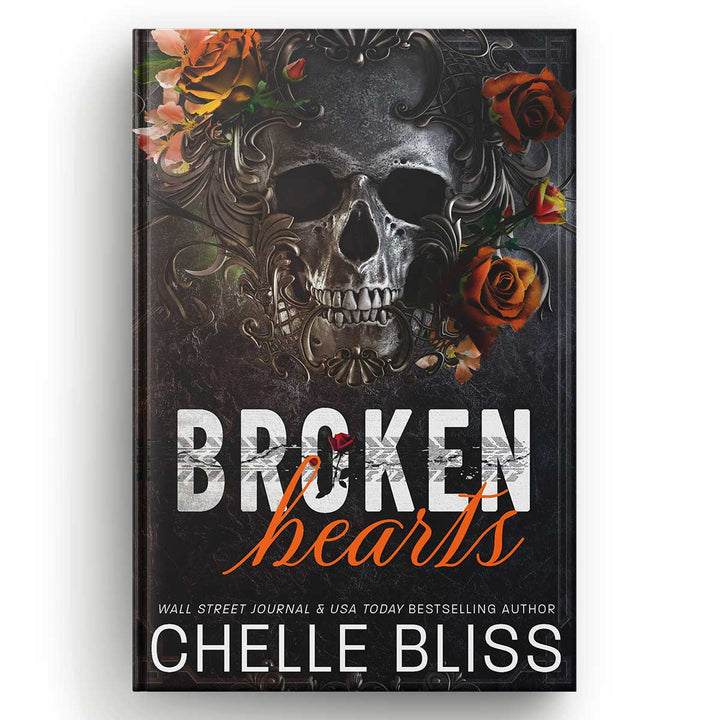 Book Broken Hearts Hardcover by Chelle Bliss with a skull and orange flowers on the cover on a white background.
