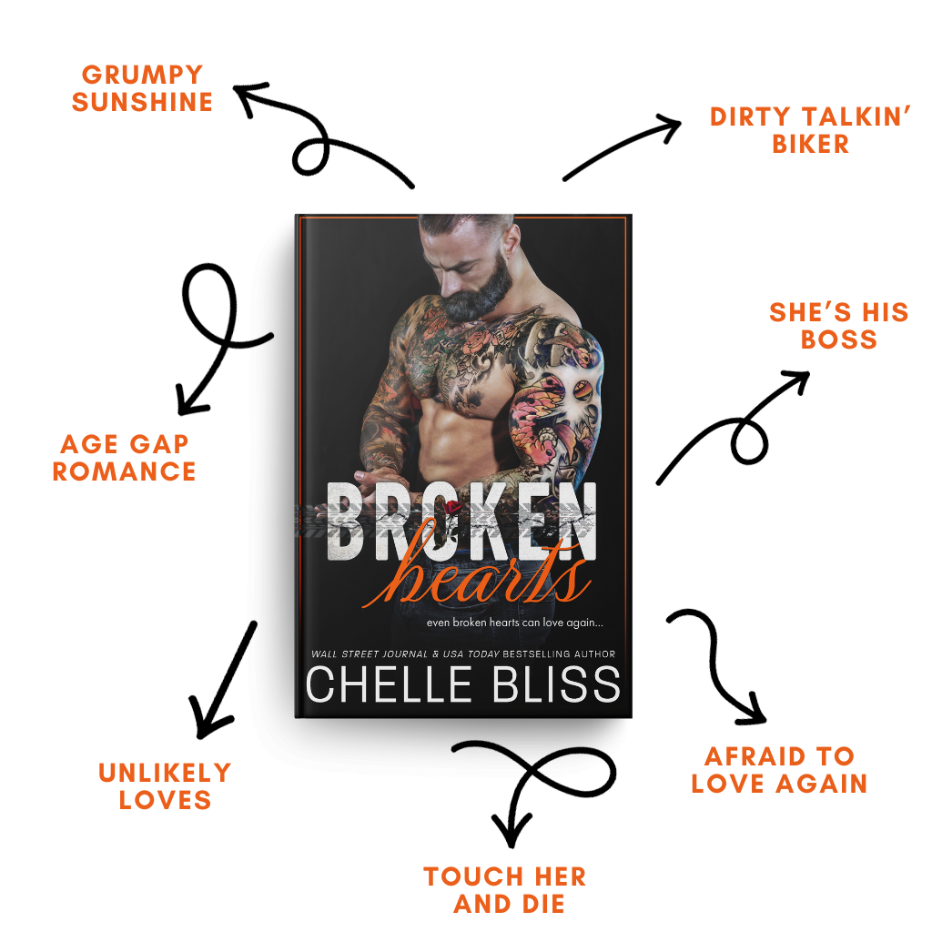 Book Broken Hearts by Chelle Bliss featuring a shirtless tattooed man, tropes listed are Grumpy Sunshine, dirty talkin' biker, She's the boss, afraid to love again, Tough her and die, unlikely loves and age gap on a white background. 