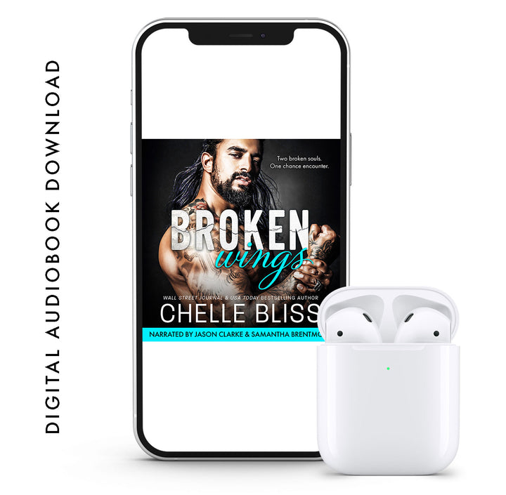 A phone displaying an audiobook cover with the title 'Broken Wings' by Chelle Bliss, and a pair of white wireless earbuds next to it.