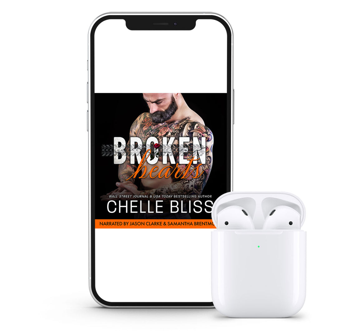 Broken Hearts Audiobook by chelle bliss featuring tattooed man on the front and white earbuds
