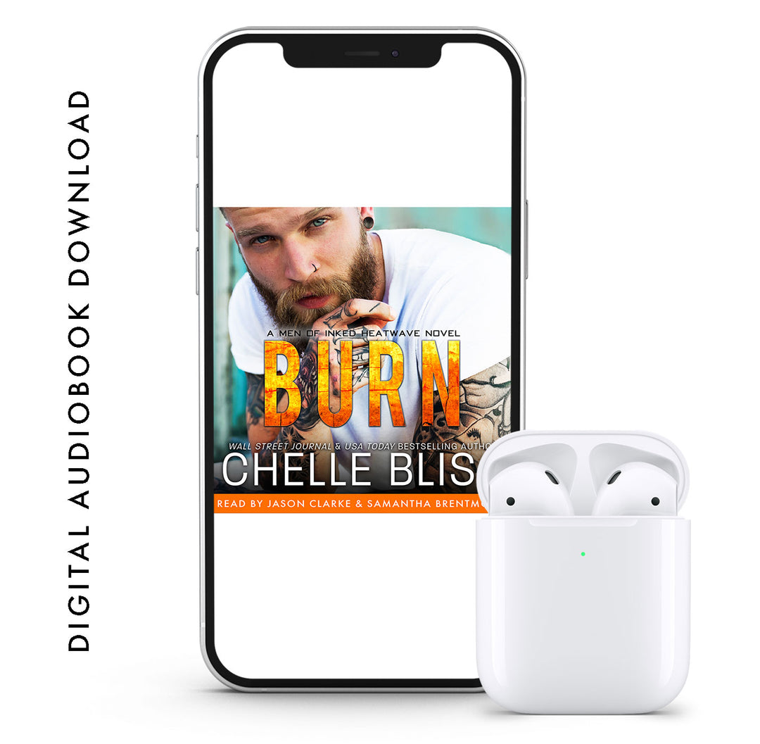 A digital audiobook cover displayed on a smartphone, featuring a man with tattoos and the title 'Burn' by Chelle Bliss.
