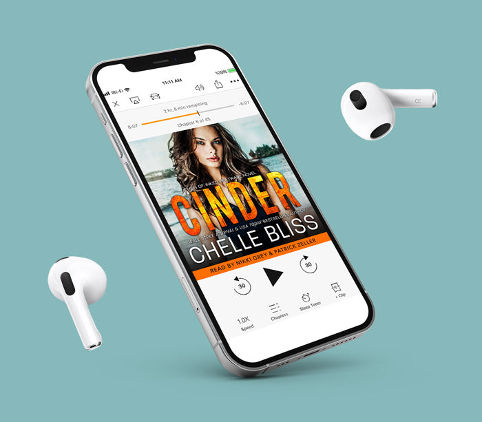 cinder audiobook by chelle bliss woman with ocean behind her earbuds