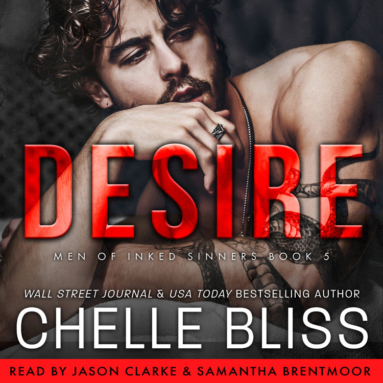 Audiobook cover of 'Desire' by Chelle Bliss featuring a shirtless man with tattoos.