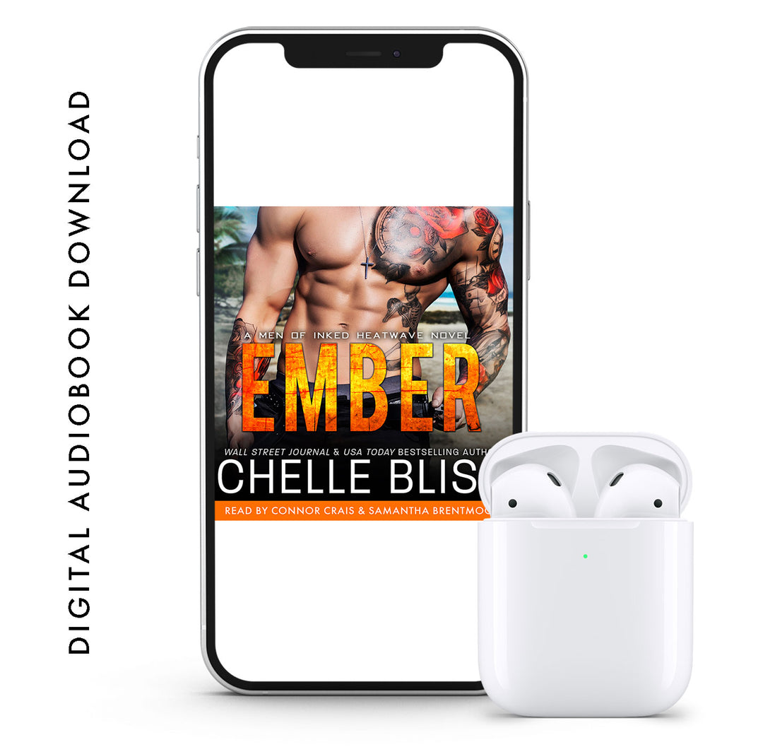 A phone displaying the cover of an audiobook titled 'Ember' by Chelle Bliss, with a pair of white wireless earbuds next to it.