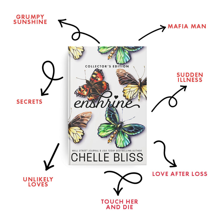 Paperback book Enshrine Collector's Edition by Chelle Bliss featuring butterflies on the cover, Tropes listed Grumpy sunshine, mafia man, secrets, sudden illness, unlikely Loves, touch her and die and love after loss.