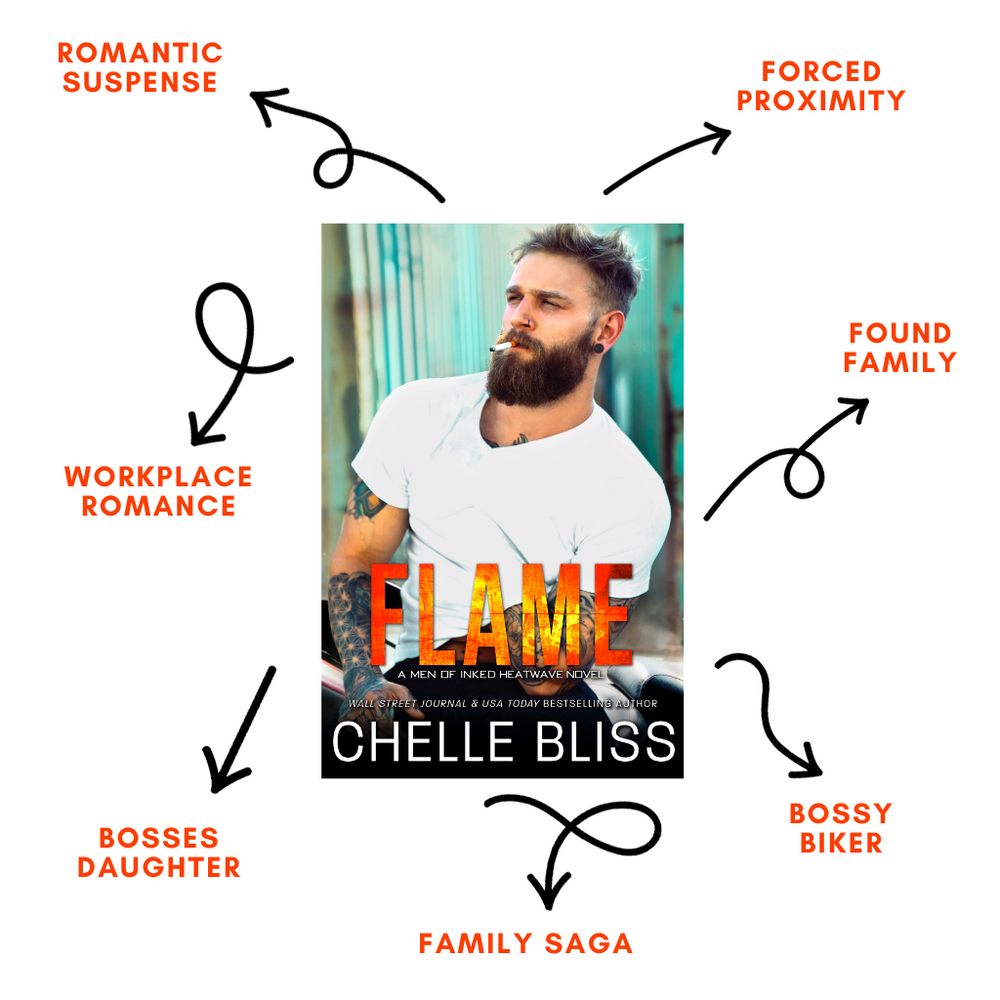 Book Flame by Chelle Bliss with a bearded man on the cover with a blue background, Tropes listed are Romantic Suspense, Force Proximity, Found Family, Bossy Biker, Bosses Daughter and Workplace Romance on a white background. 
