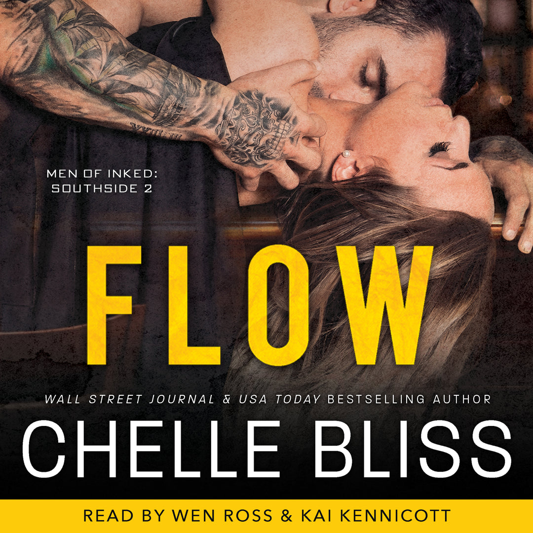 Audiobook cover of 'Flow' by Chelle Bliss featuring a couple embracing with tattoos.