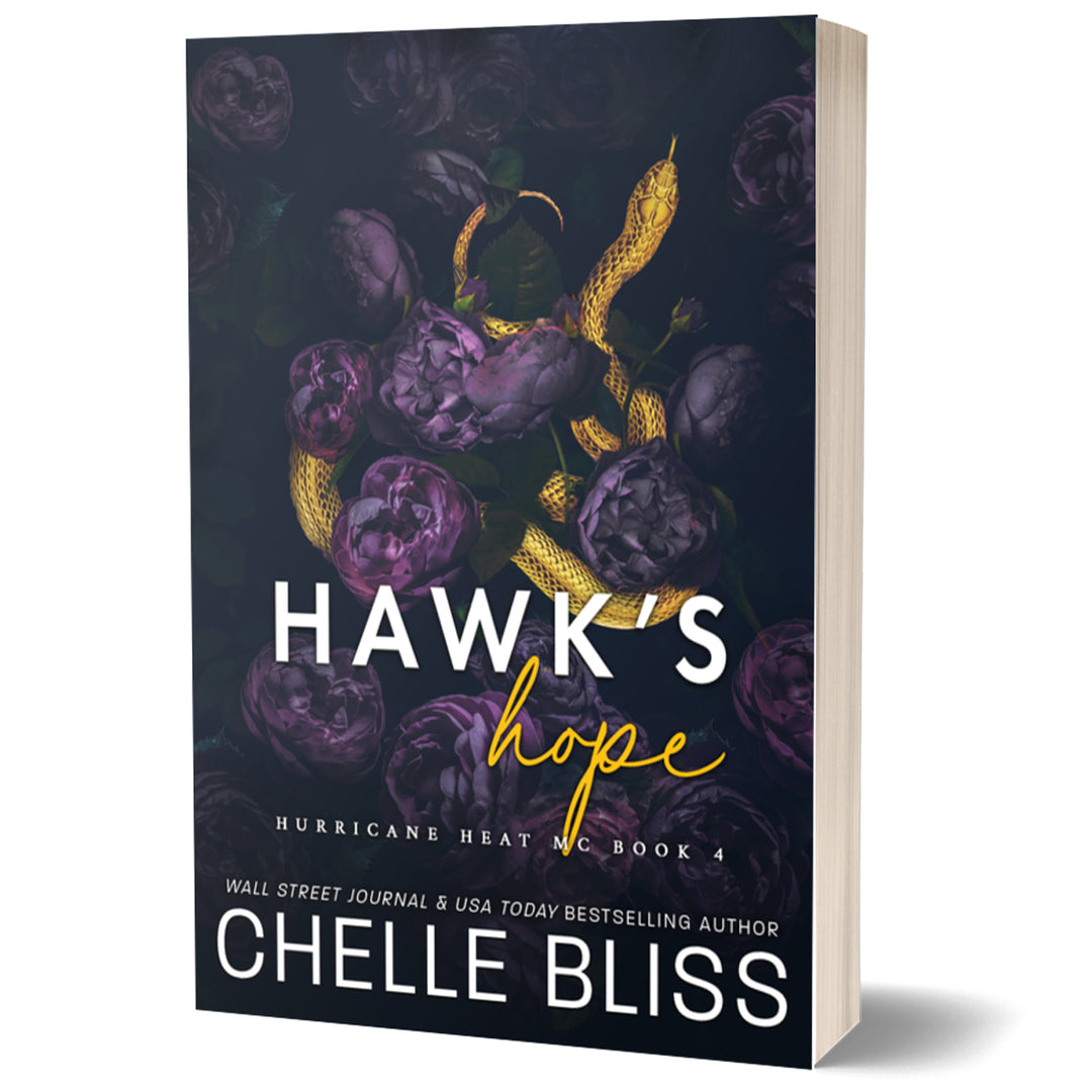 Book cover of 'Hawk's Hope' by Chelle Bliss with dark background and purple flowers..