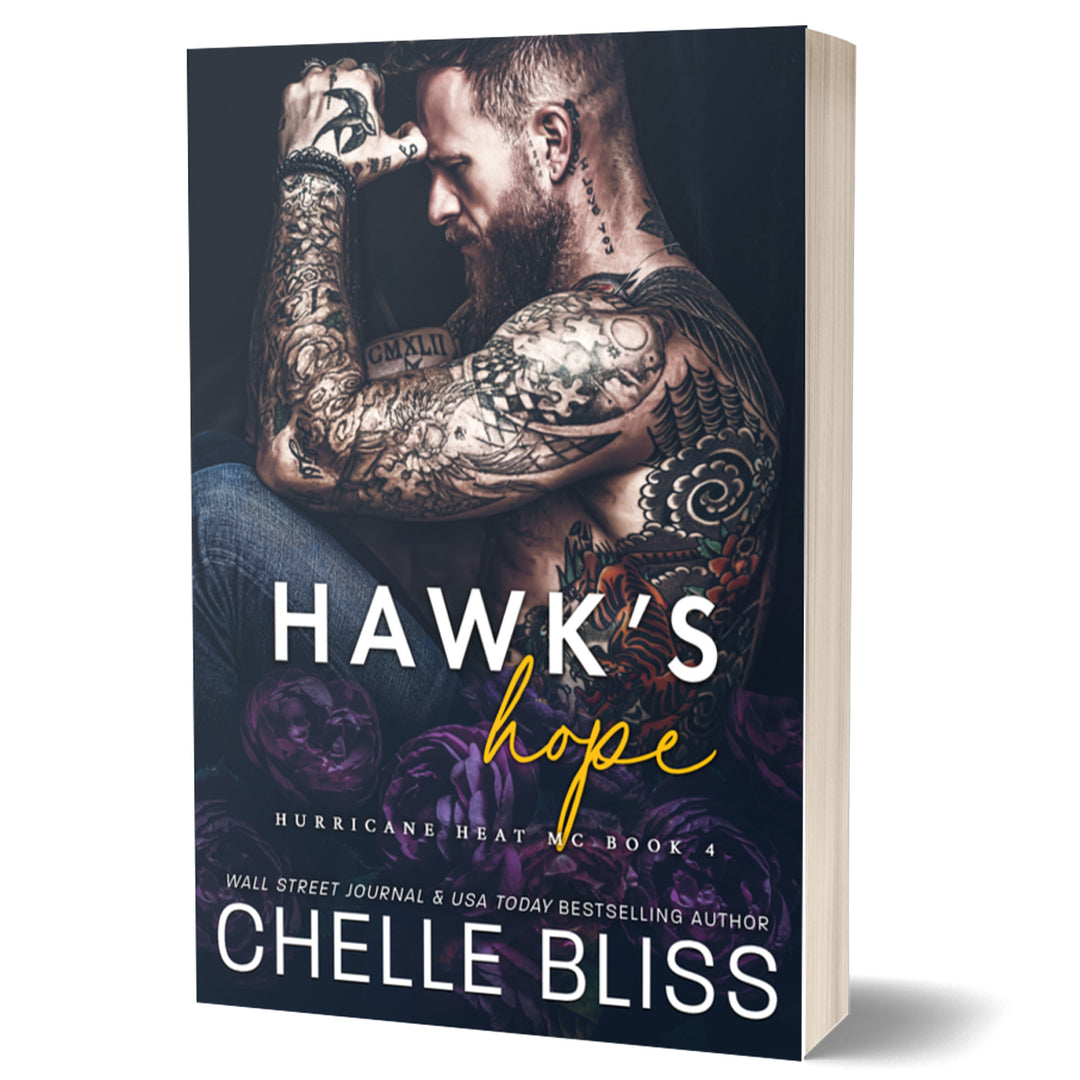 Book cover of 'Hawk's Hope' by Chelle Bliss featuring a tattooed man.