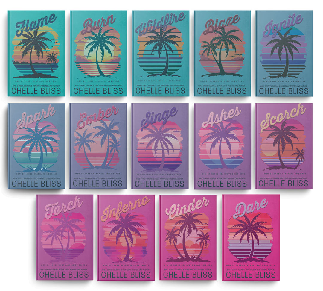 Collection of books in the Men of Inked Heatwave Series by Chelle Bliss with palm tree and sunset designs on a white background.