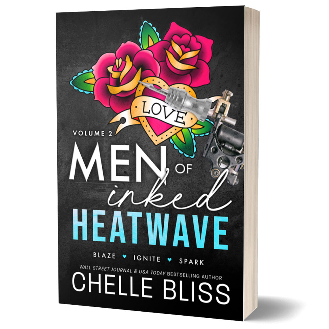Men of Inked Heatwave Volume 2 paperback book by Chelle Bliss featuring a tattoo gun, red flowers and a heart on the cover. 