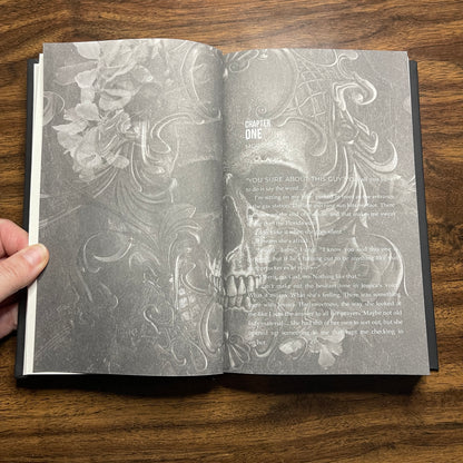 inside look at hardcover book skull decorated interior pages 