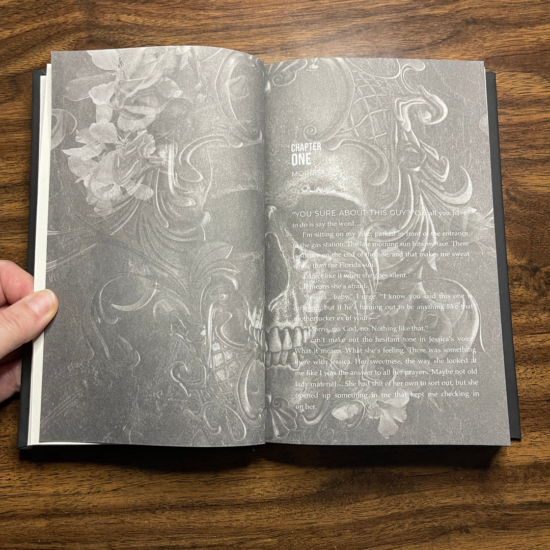inside look at hardcover book skull decorated interior pages 