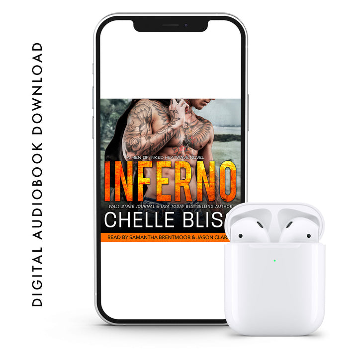A phone displaying the cover of the audiobook 'Inferno' by Chelle Bliss, with a white earbud set in front of it.