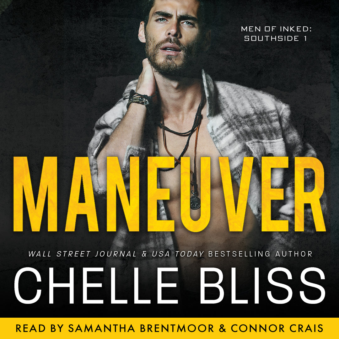 Audiobook cover of 'Maneuver' by Chelle Bliss featuring a man with tattoos and a dark background.