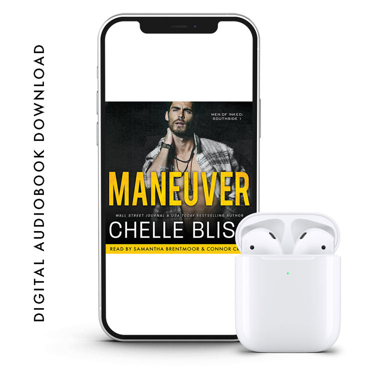 Phone displaying 'Maneuver' audiobook cover with wireless earbuds on a white background