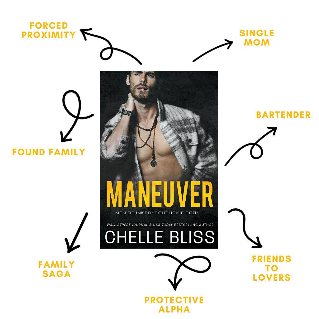 Book Maneuver by Chelle Bliss with an open chested man on the cover, tropes listed are Forced Proximity, Single Mom, Found Family, Bartender, Family Saga, Protective Alpha and Friends to Lovers on a white background. 
