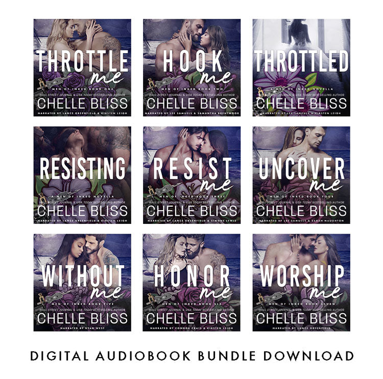 A 3x3 grid of nine romance audiobook cover thumbnails with the text 'DIGITAL AUDIOBOOK BUNDLE DOWNLOAD' below. Each cover shows a couple and the title, including Throttle Me, Hook Me, Throttled, Resisting, Resist Me, Uncover Me, Without Me, Honor Me, and Worship Me, all by Chelle Bliss.