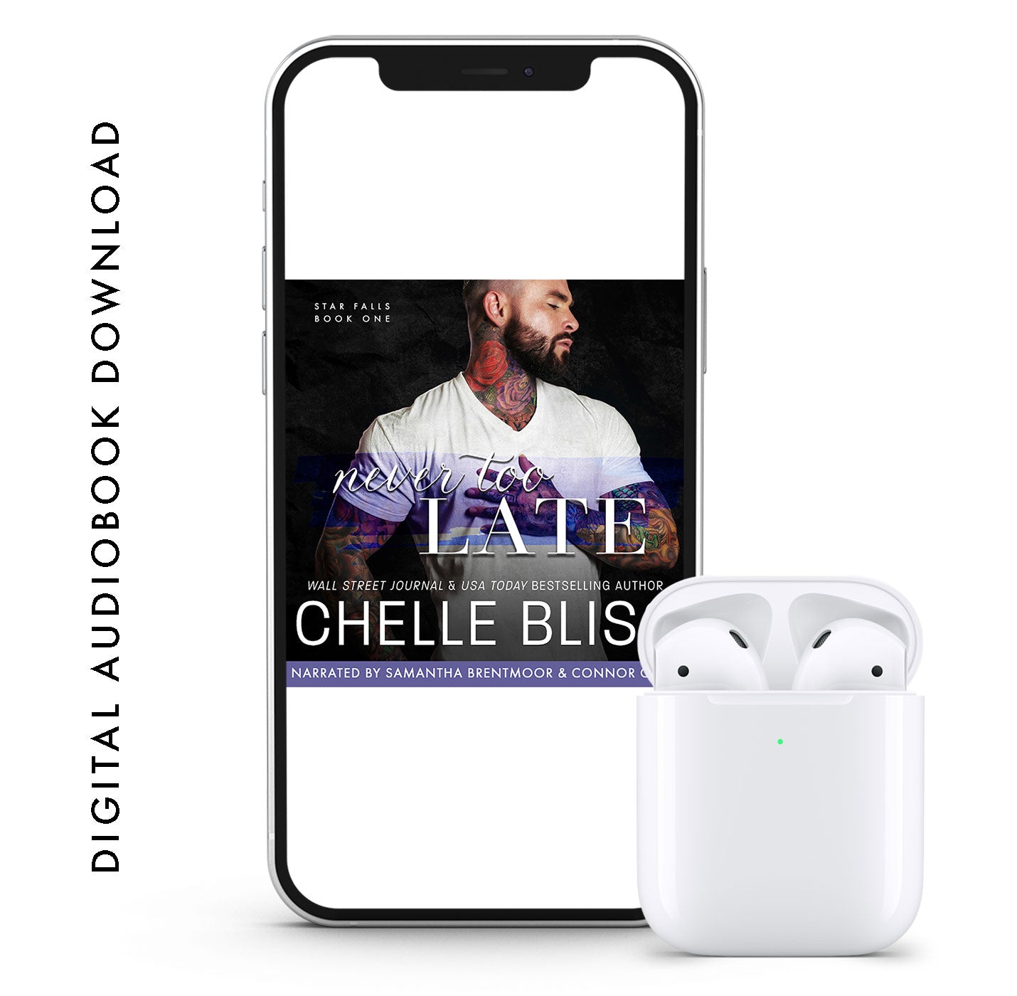 never too late audiobook by chelle bliss man in white t-shirt 