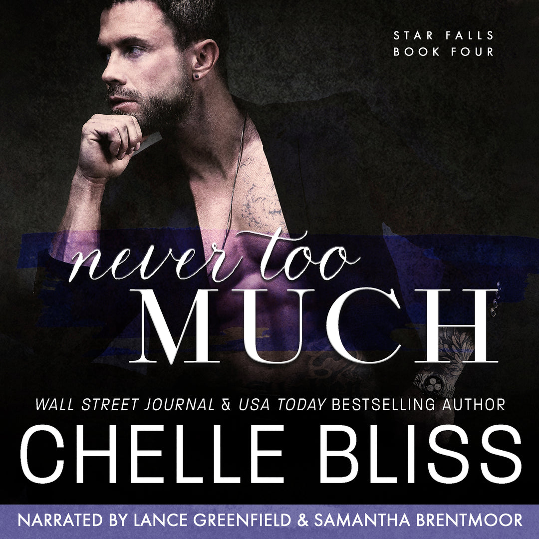 Audiobook cover of 'Never Too Much' by Chelle Bliss with a man in a dark shirt against a dark background.