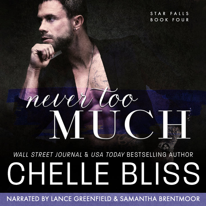 Audiobook cover of 'Never Too Much' by Chelle Bliss with a man in a dark shirt against a dark background.