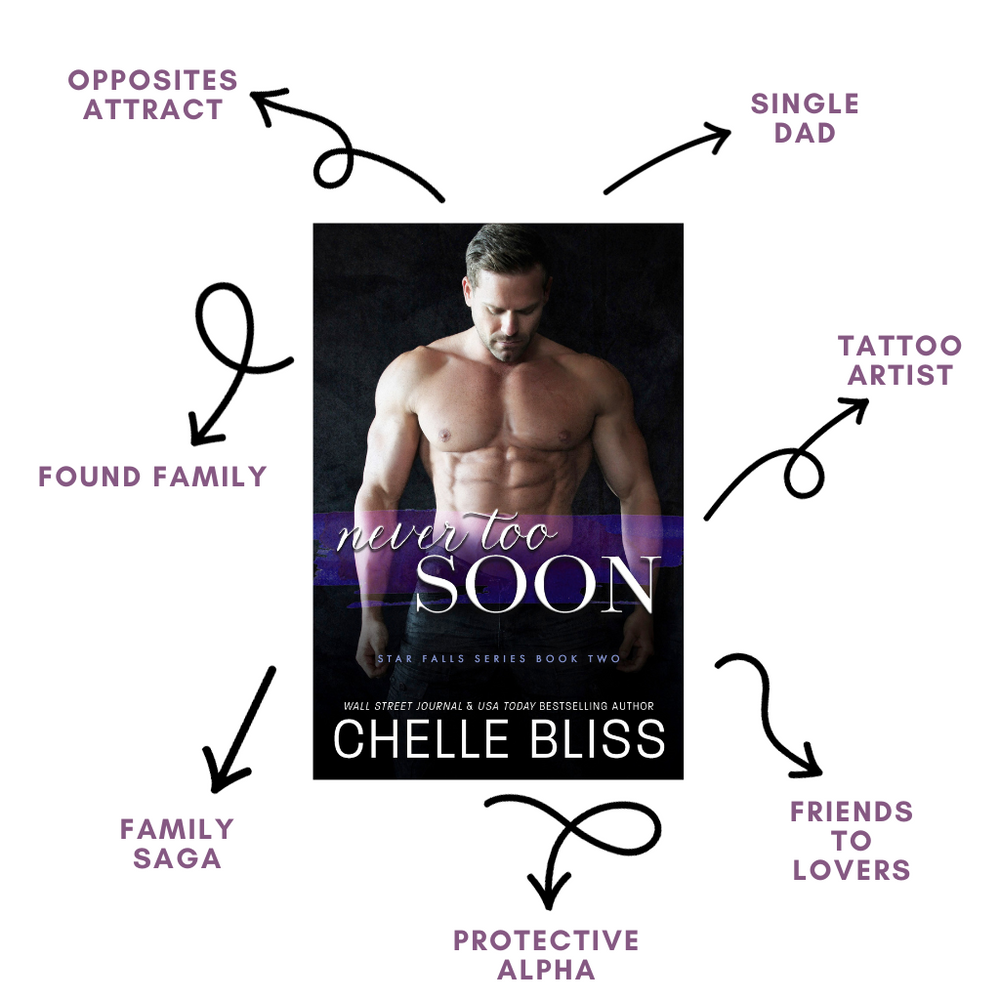 Paperback book Never Too Soon by Chelle Bliss featuring tropes, Opposites Attract, Found Family, Family Saga, Protective Alpha, Friends to Lovers, Tattoo Artist and Single Dad with a white background.