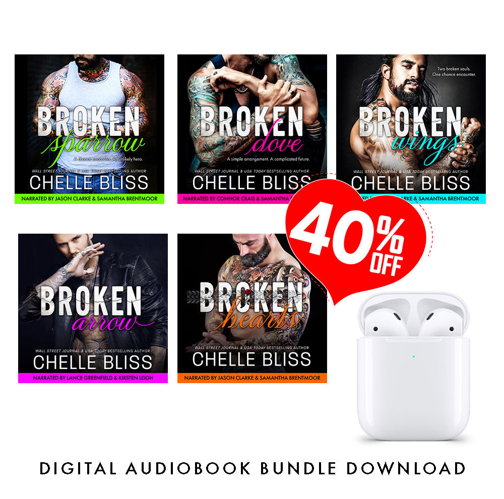 Open Road Audiobook Bundle by Chelle Bliss featuring Broken Sparrow, Broken Dove, Broken Wings, Broken Arrow and Broken Hearts with white earbuds and a 40% off discount. 