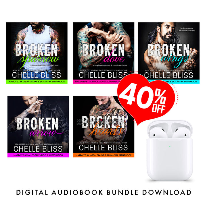 Open Road Audiobook Bundle by Chelle Bliss featuring Broken Sparrow, Broken Dove, Broken Wings, Broken Arrow and Broken Hearts with white earbuds and a 40% off discount. 