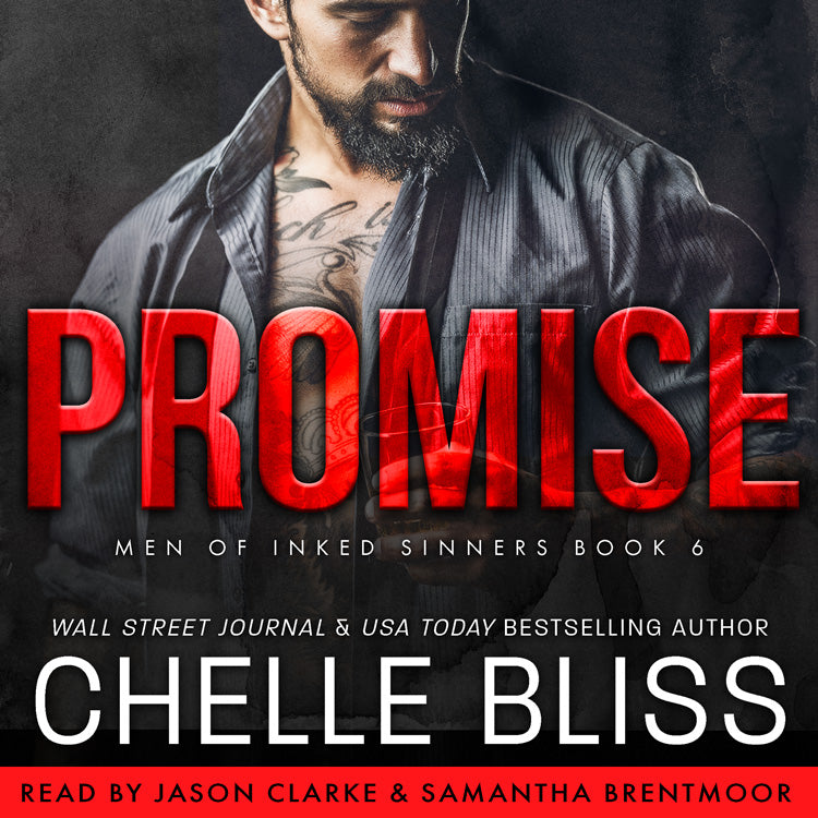 Book cover for 'Promise' by Chelle Bliss, featuring a close-up portrait of a bearded man in a dark shirt with large red title text across the center and white author text below.