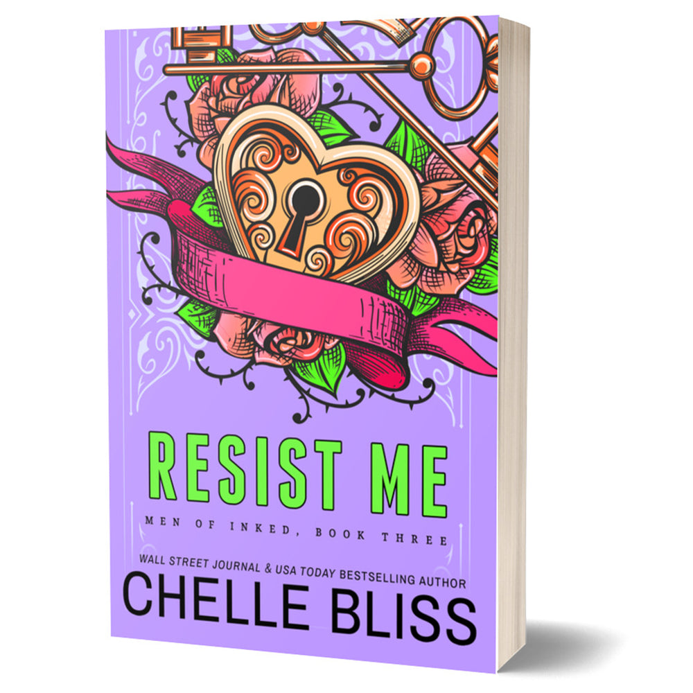 Book cover of 'Resist Me' by Chelle Bliss with a decorative lock and ribbon design on a purple background.