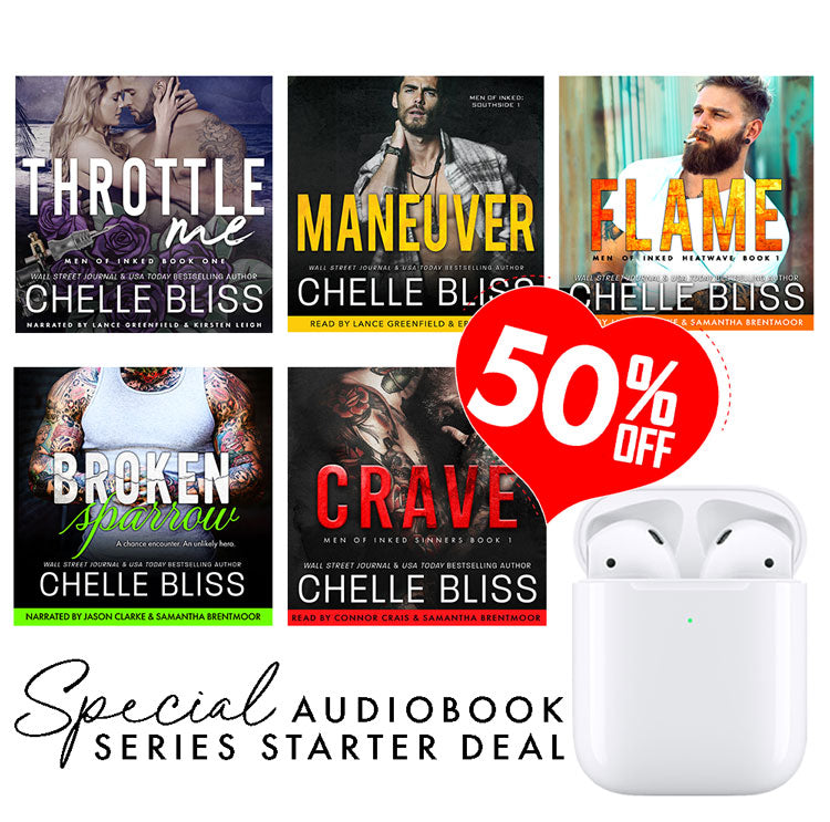 Six audiobook cover images from Chelle Bliss are arranged in a grid, with a large red heart-shaped badge reading '50% OFF' and a white AirPods charging case at the lower right. Text at the bottom says 'Special Audiobook Series Starter Deal.