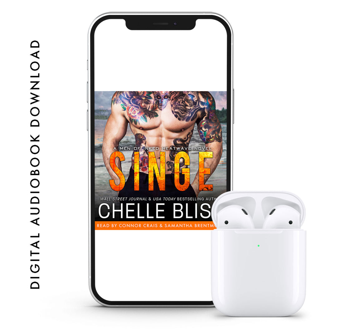 A phone displaying a book cover with the title 'Singe' by Chelle Bliss, and a pair of white wireless earbuds next to it.