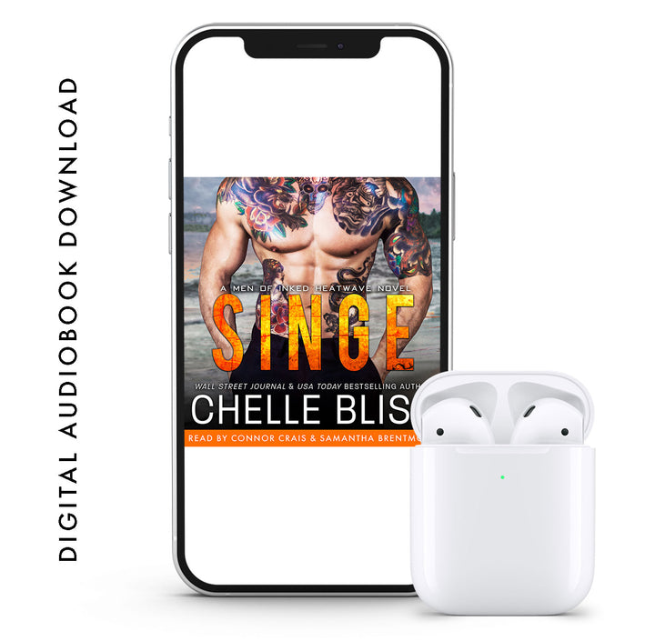 A phone displaying a book cover with the title 'Singe' by Chelle Bliss, and a pair of white wireless earbuds next to it.