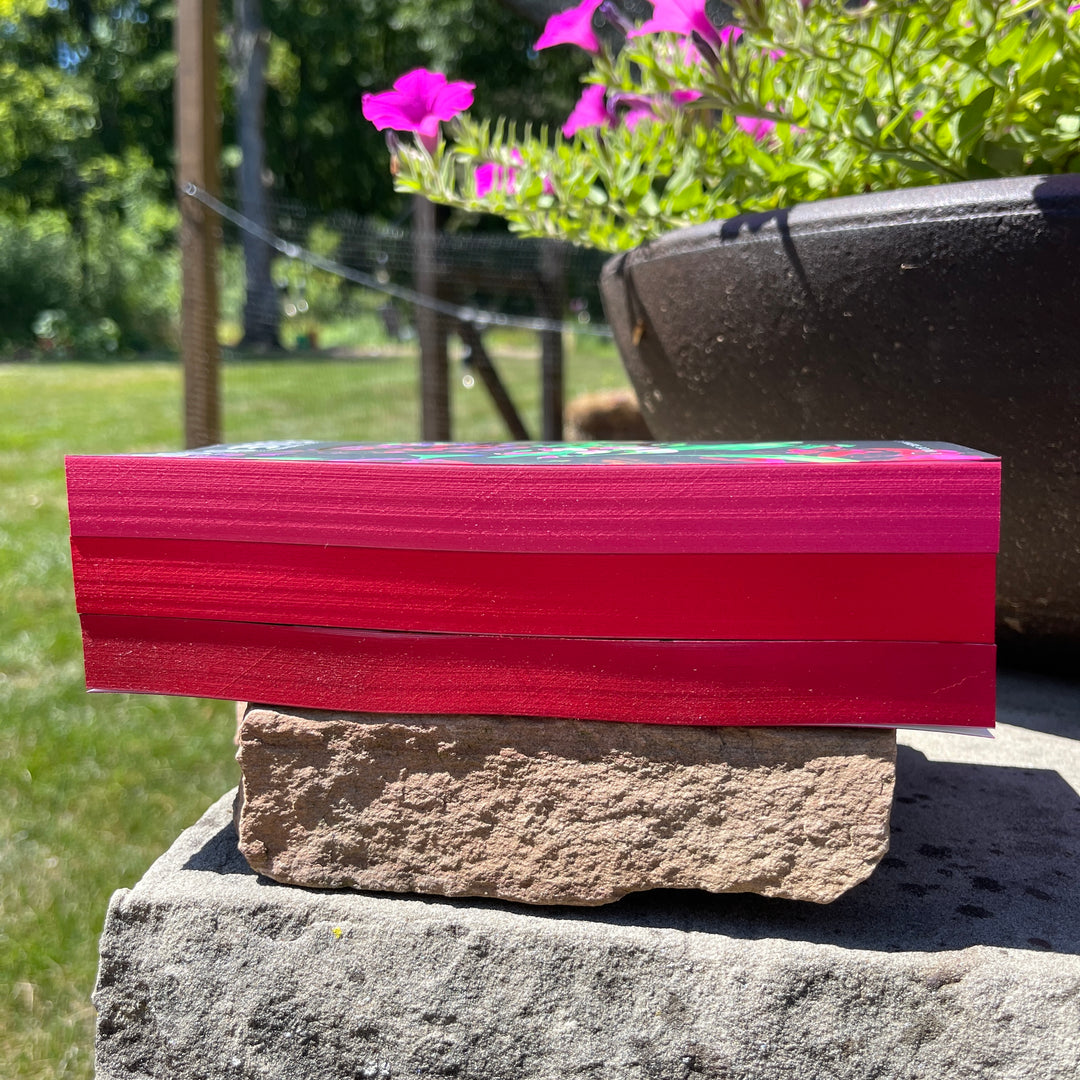 Red and pink striped book pages on a stone surface with greenery in the background