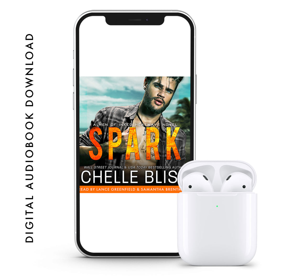 A phone displaying an audiobook cover with the title 'SPARK' by Chelle Bliss, and a pair of white wireless earbuds next to it.