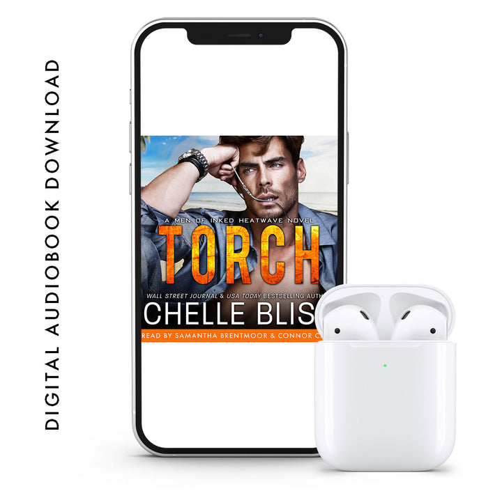 A digital audiobook cover displayed on a smartphone, with the title 'Torch' by Chelle Bliss and narrators' names 'Samantha Brentmoor & Connor Crais'. The cover image shows a man with a serious expression and a woman in the background, suggesting the romantic theme of the book.