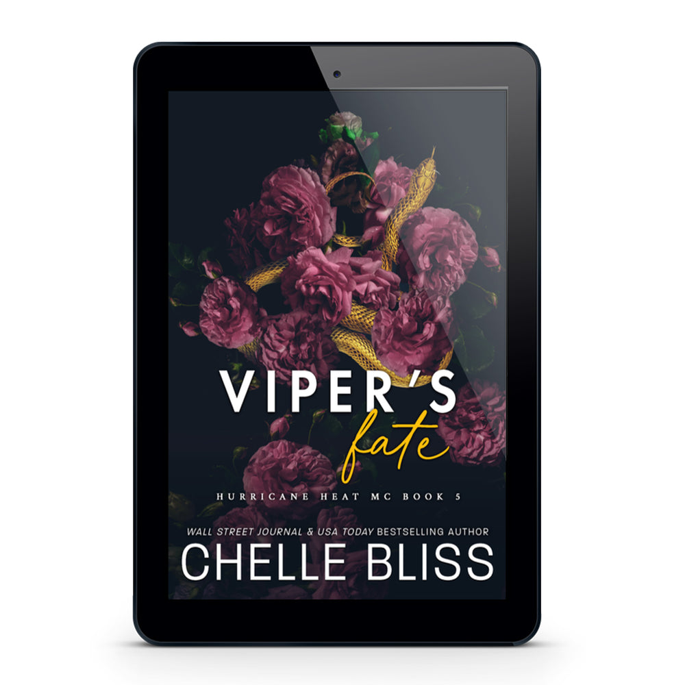 A black tablet device centered on a white background, displaying a book cover with dark floral artwork, the title 'VIPER'S fate,' and the author name 'CHELLE BLISS.'.