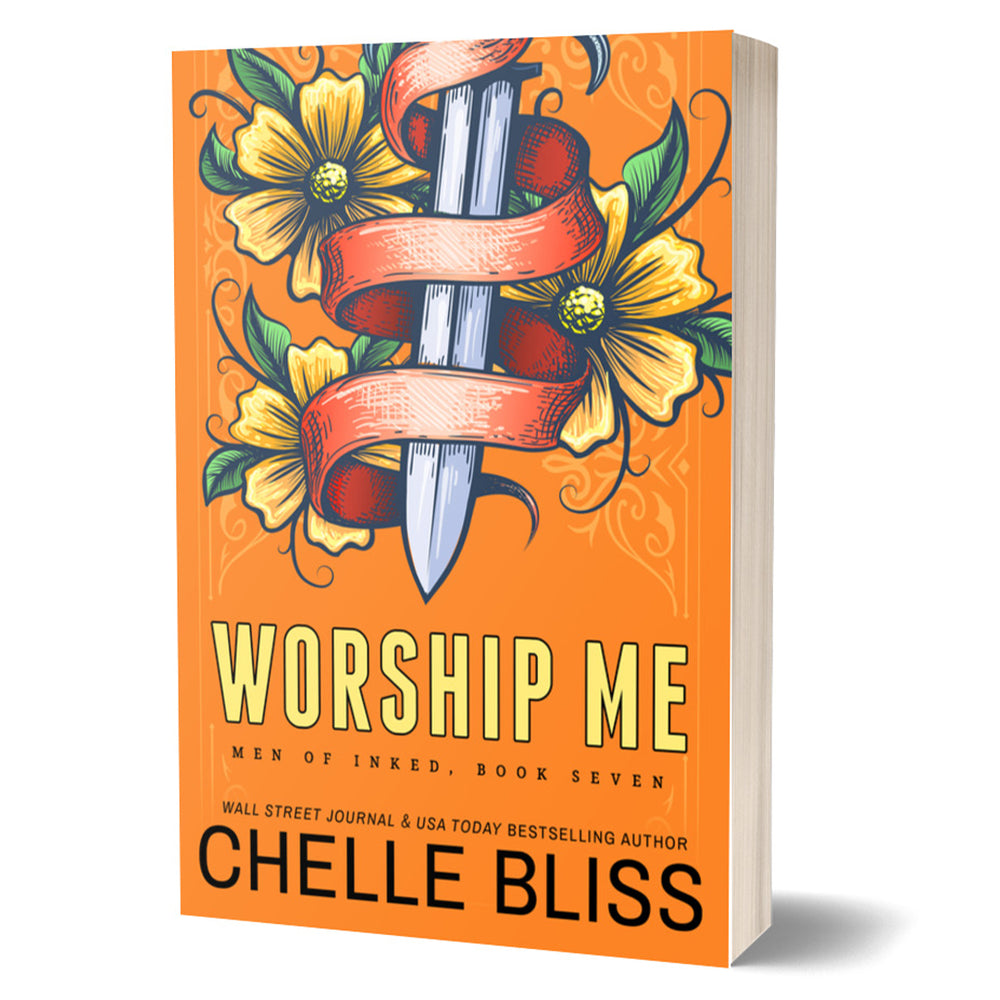 Book cover of 'Worship Me' by Chelle Bliss with a sword and floral design on an orange background.