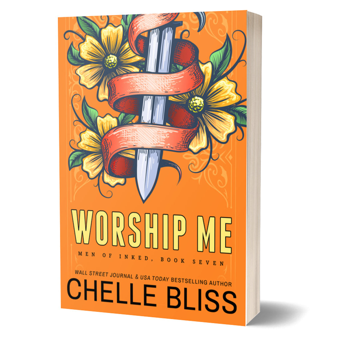 Book cover of 'Worship Me' by Chelle Bliss with a sword and floral design on an orange background.