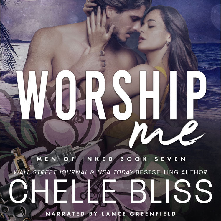 Audiobook cover for 'Worship Me' by Chelle Bliss, featuring a romantic couple embracing by the ocean with large white title text across the center.