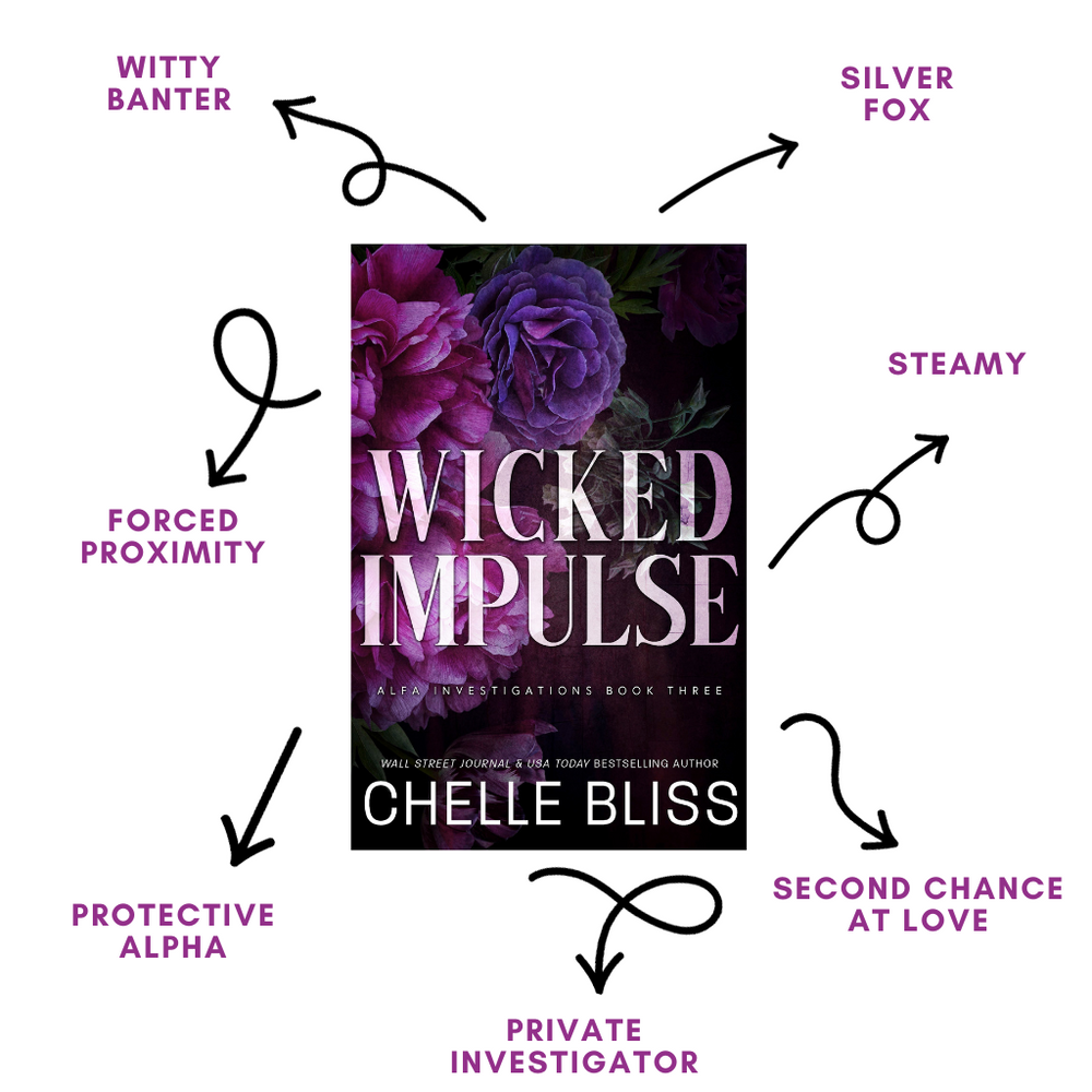 Book Wicked Impulse by Chelle Bliss cover has pink and purple flowers tropes displayed Witty Banner, Silver Fox, Forced Proximity, Steamy, Protective Alpha, Private Investigator and Second Chance at Love on a white background. 