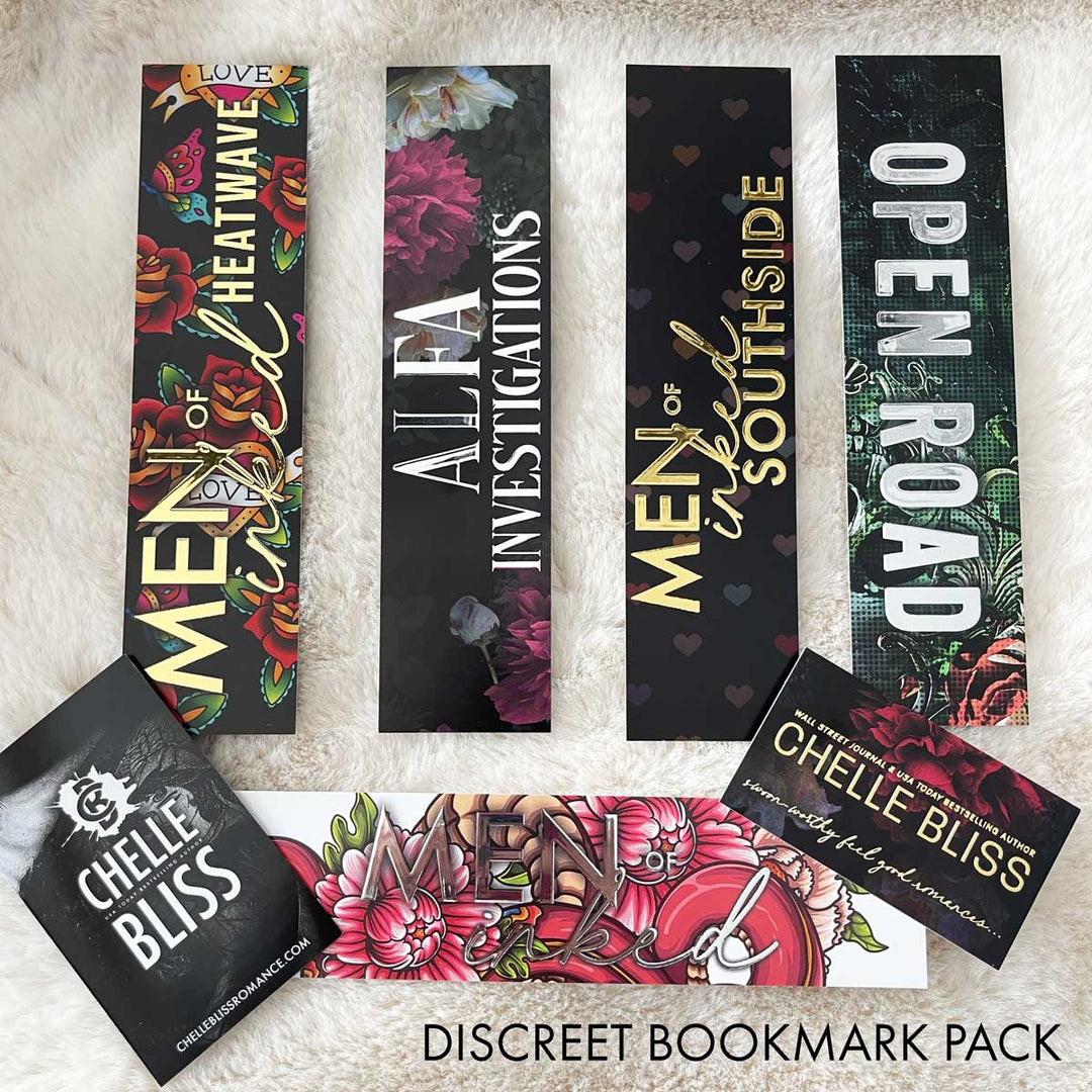 Bliss Bookmark Bundle featuring Men of Inked Heatwave, ALFA Investigations, Open Road, Men of Inked Originals and Men of Inked Southside on a creme background. 