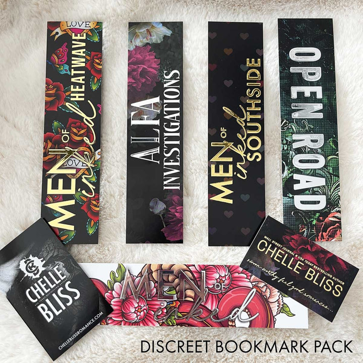 Bliss Bookmark Bundle featuring Men of Inked Heatwave, ALFA Investigations, Open Road, Men of Inked Originals and Men of Inked Southside on a creme background. 